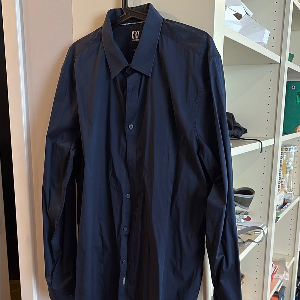 CR7 Cristiano Ronaldo Slim Blue Dress Shirt Elegant Classic Design